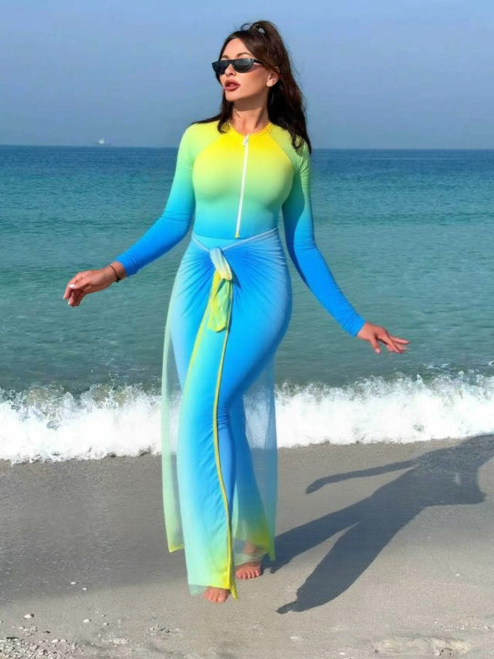 Dame sporty langærmet svømmedragt med lynlås og indpakningslook Skovae