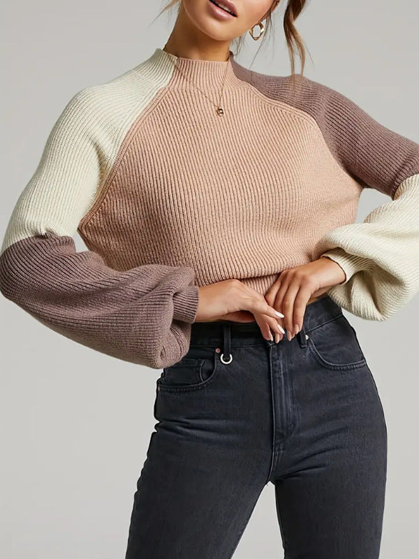 Stilla | Pullover Sweatshirt Plus Size Fit Ribbet Strik Mock Neck Pufærmer