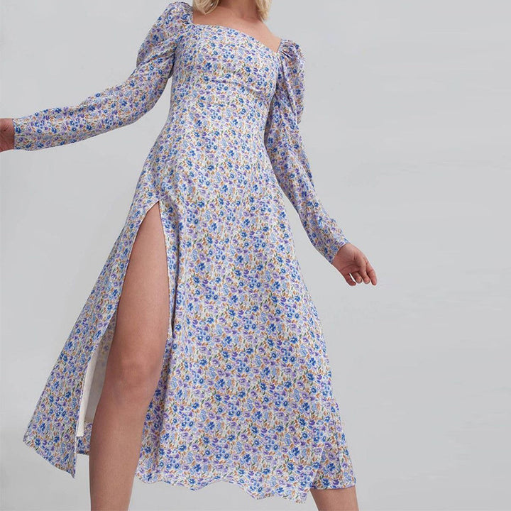 Dame blomsterprint puffærmer maxikjole Stilla