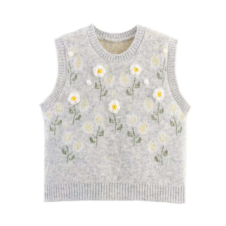 Dame strikvest med florale applikationer Stilla