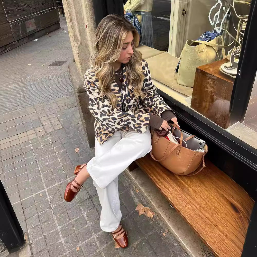 Kvinder Kort Leopardjakke i Urban Stil med Praktiske Lommer Stilla