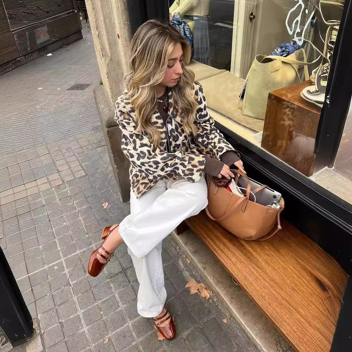 Kvinder Kort Leopardjakke i Urban Stil med Praktiske Lommer Stilla