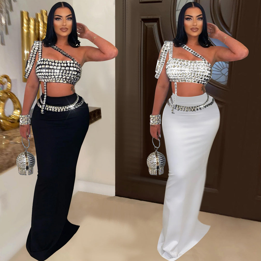 Dame Glitrende Crop-Top med figursyet Maxi-Nederdel Kombination Stilla