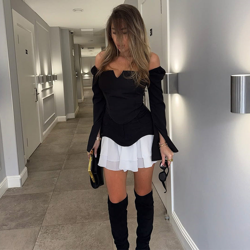 Dame Off-Shoulder Bluse med ruffle detaljer og figurtilpasset snit Stilla