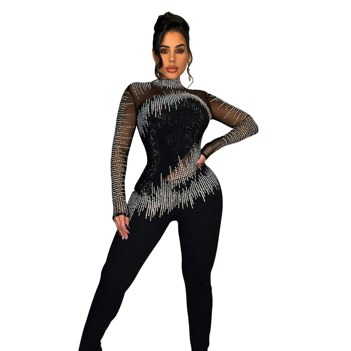 Dame Glamourøs Bodycon Jumpsuit med gennemsigtigt overdel og glitrende strassdekorationer Stilla