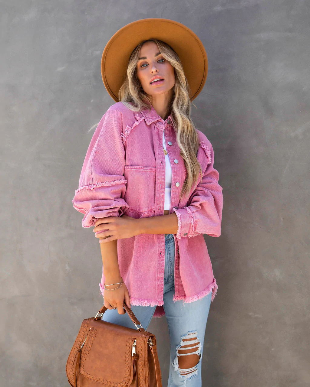 Dame Oversized Denim Skjorte Jakke med Flosset Detalje Stilla