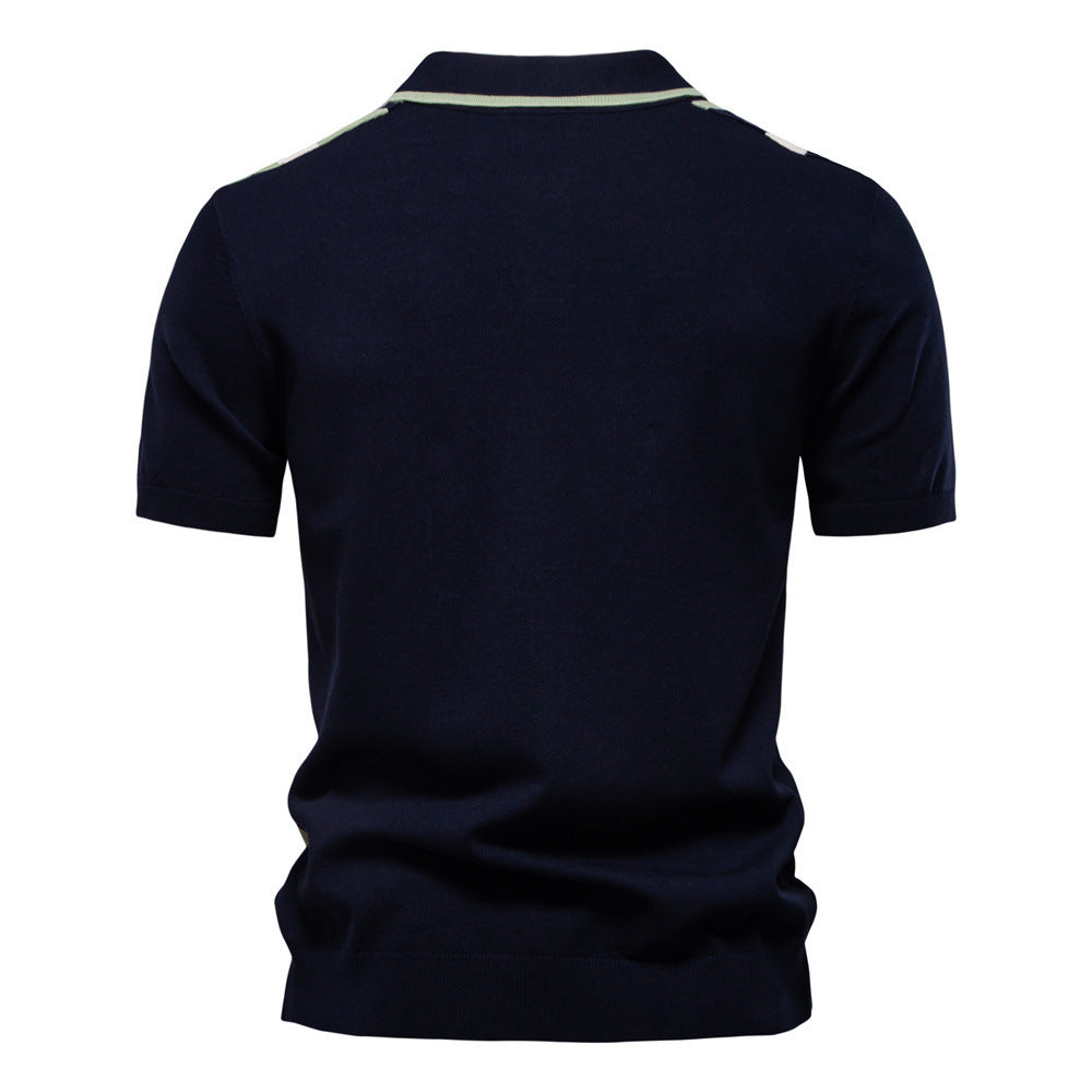 Herre nano retro-inspireret strikpolo med vertikal intarsiestruktur og åben Kent-krave Skovae