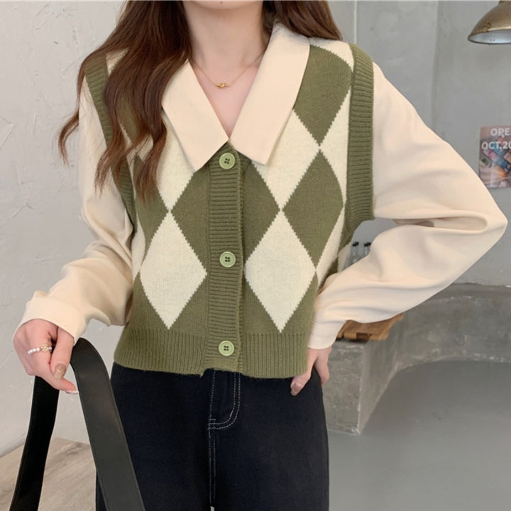 Femme Argyle Strikvest med klassisk krave Stilla