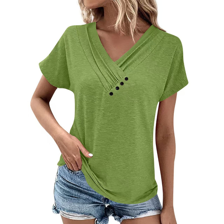 Dame T-shirt med V-udskæring og moderne knapper Stilla