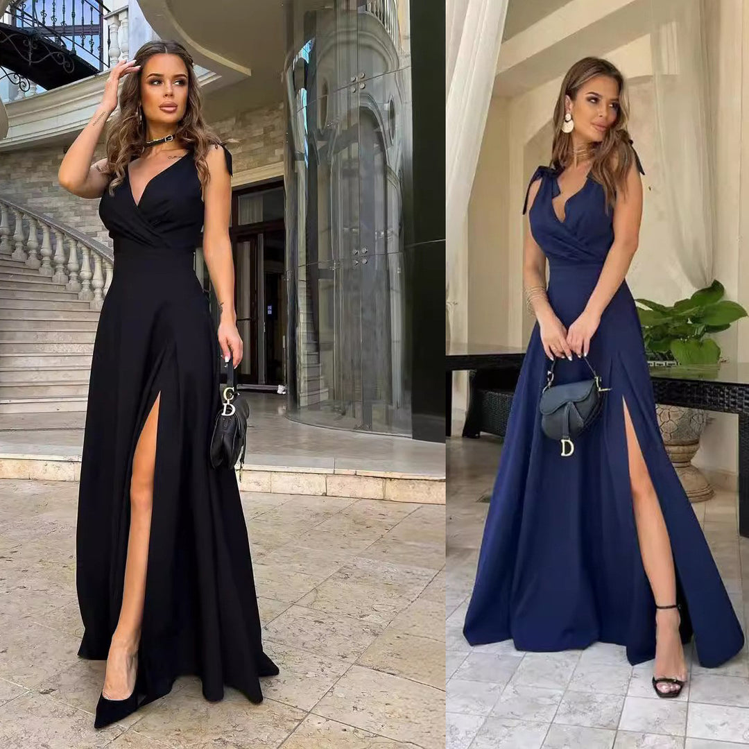 Dame Elegant Maxi-kjole med sideslids og bindebånd Stilla