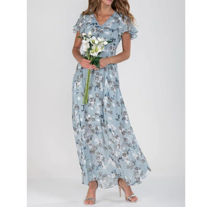 Dame maxikjole med flydende chiffon, sarte flæse detaljer og blomstrende mønster Stilla