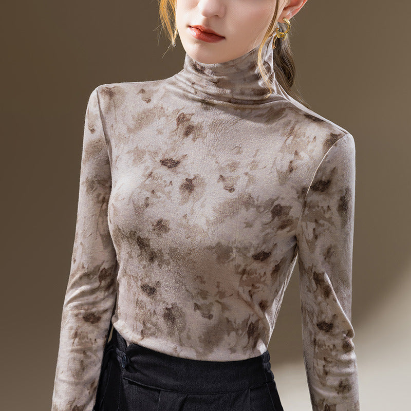 Dame longsleeve-shirt med elegant høj krave og blomster velour-design Stilla