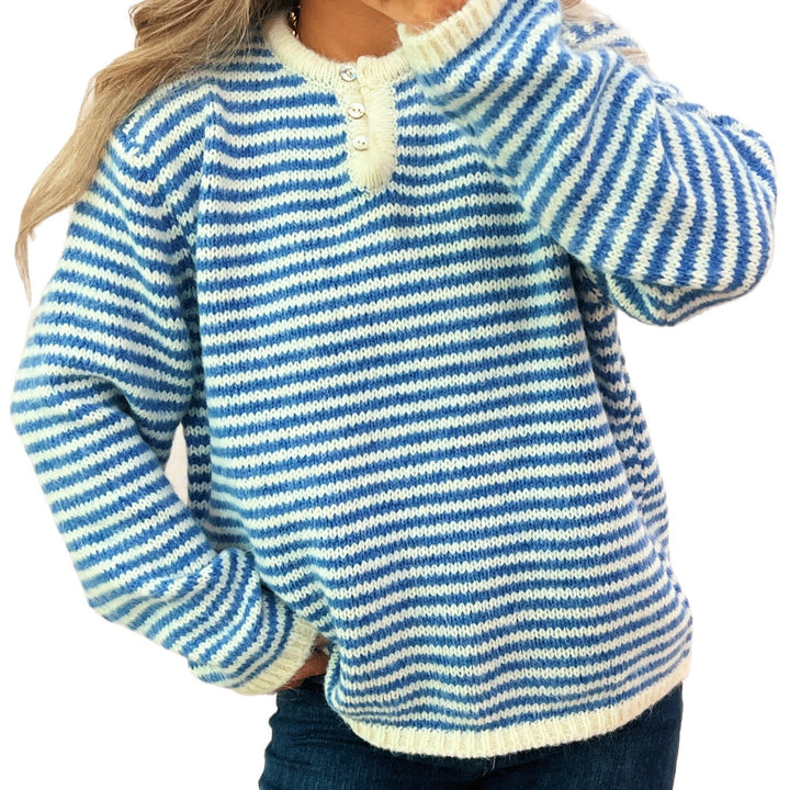 Kvinder casual stribet sweater med knapliste og rund halsudskæring Stilla