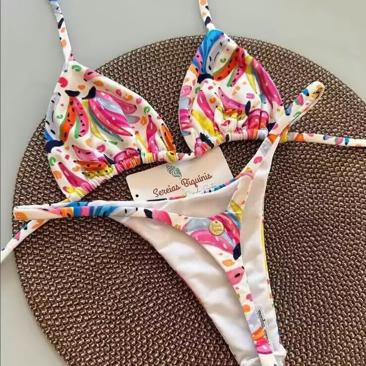 Dame triangel-bikini-sæt med blomstermønstre og justerbare stropper Skovae
