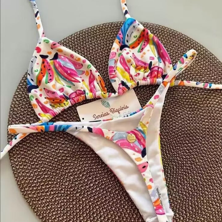 Dame triangel-bikini-sæt med blomstermønstre og justerbare stropper Skovae
