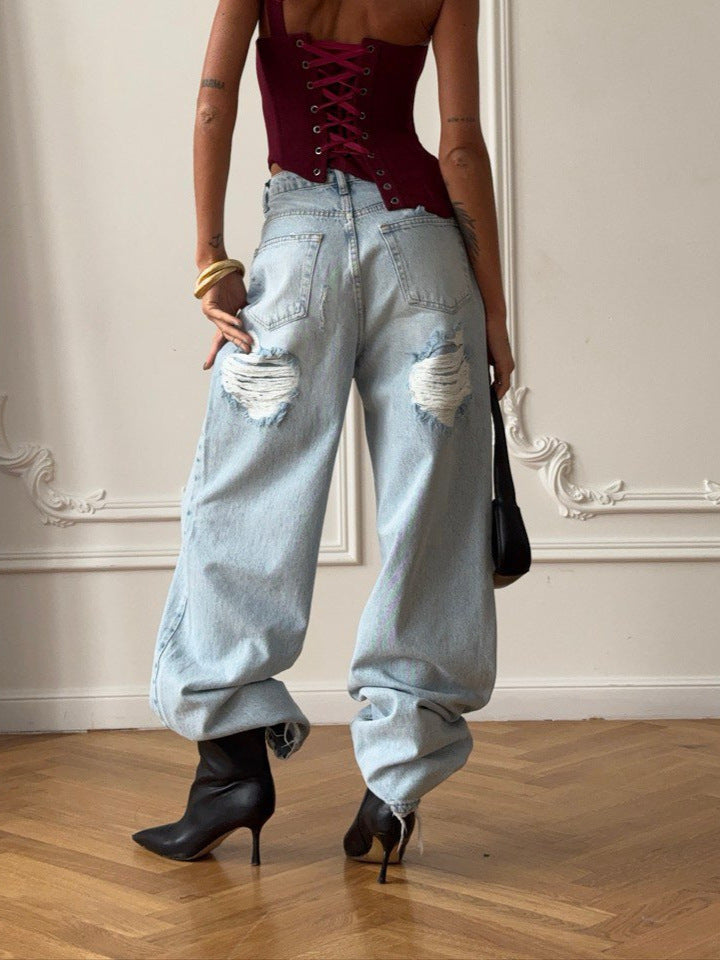 Kvinders Baggy Jeans i Vintage Stil med Slidte Detaljer og Høj Talje Stilla