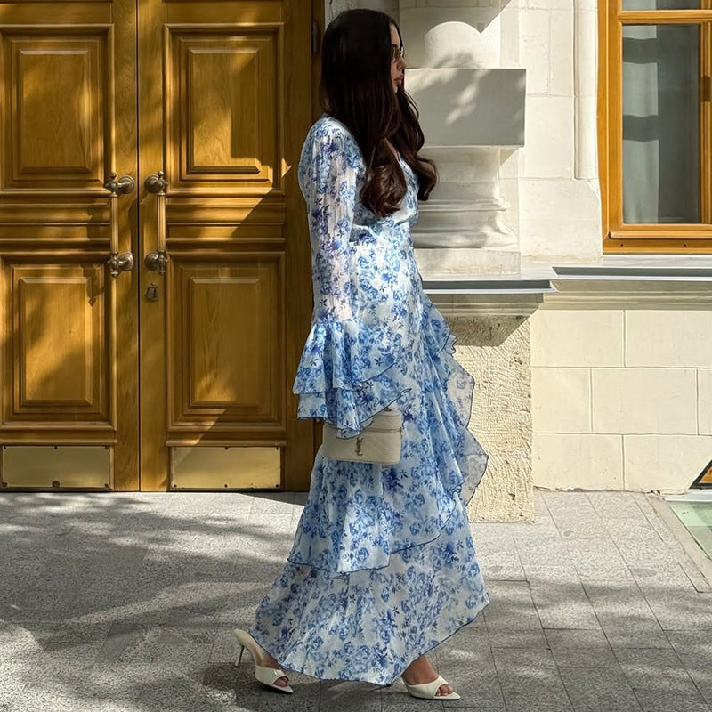 Dame maxikjole med flæsedetaljer og blomstermønster Stilla