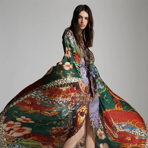 Dame elegant Kimono-stil strandovergang med kunstnerisk mønster og dyb V-udskæring Stilla
