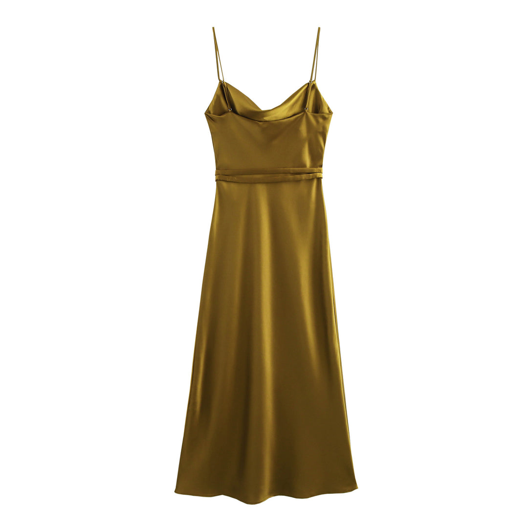 Dame Satin Slip Maxikjole med justerbart taljebælte Stilla