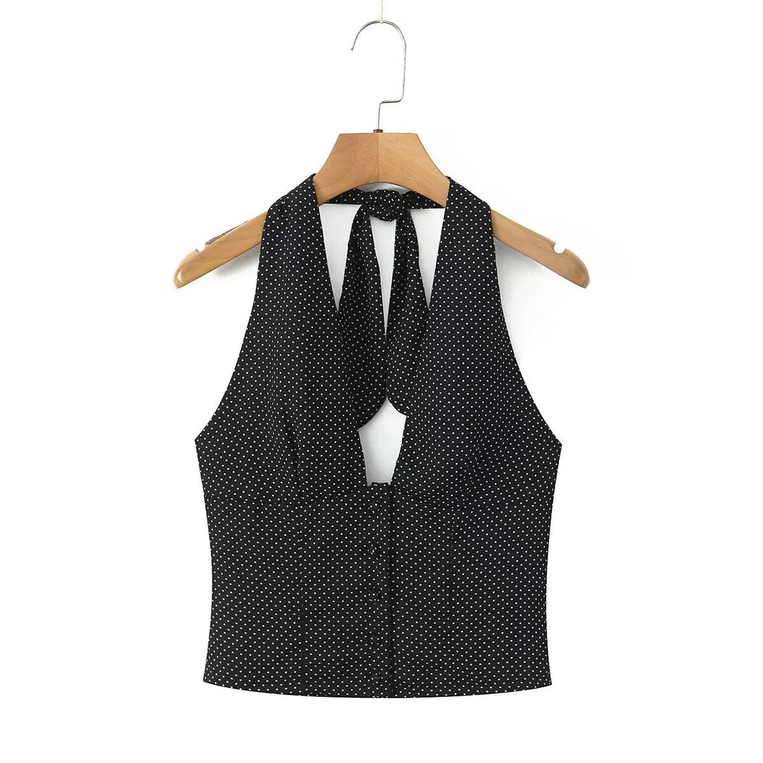 Dame Crop-Top med raffineret halterdesign og prikkemønster Stilla