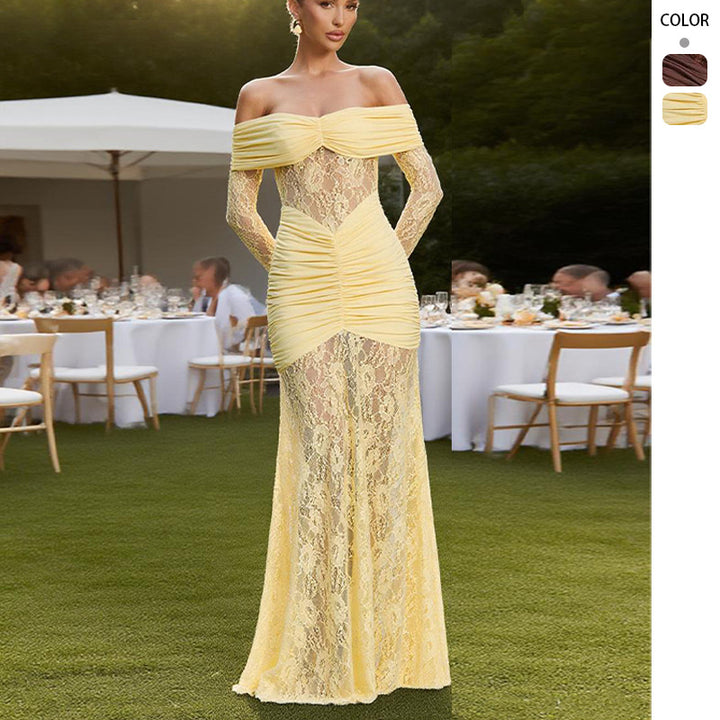 Dame elegante blonde aften kjoler med blottede skuldre og fine flæse detaljer