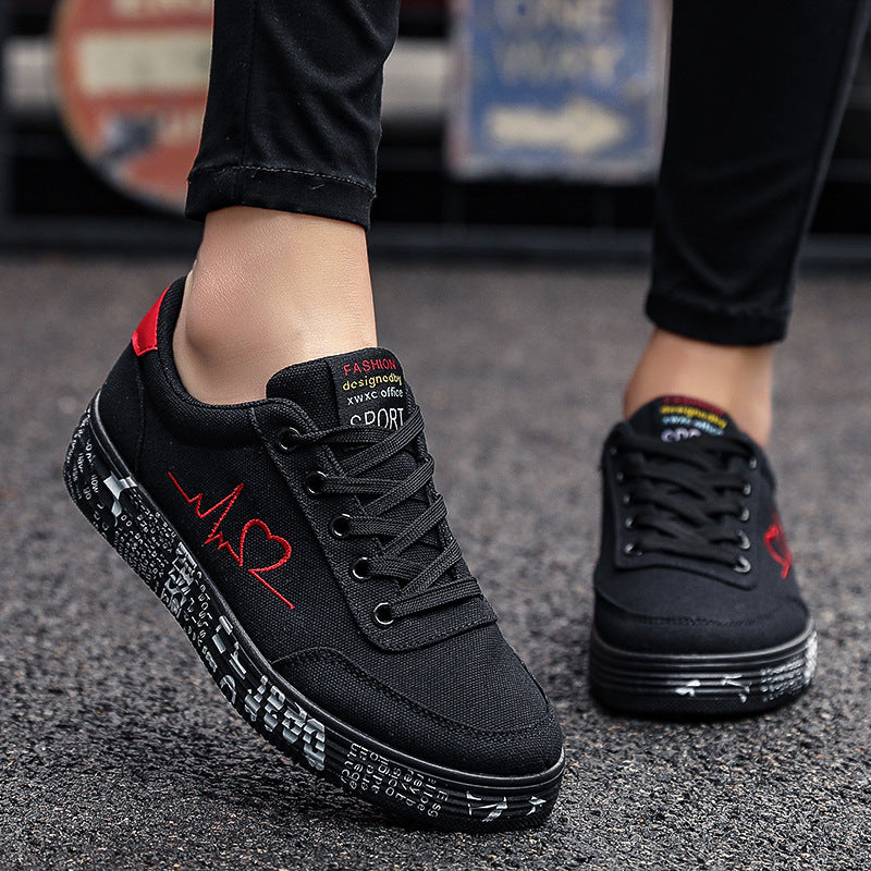 Damer nan Canvas-Sneakers med dekorativ trykt plateau sål og hjerte linje broderi Skovae