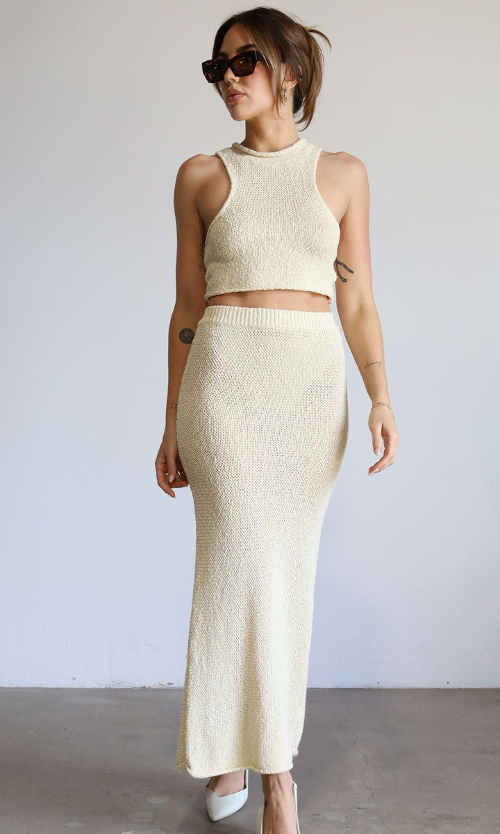 Dame elegant strik crop top og maxiskirt sæt Skovae