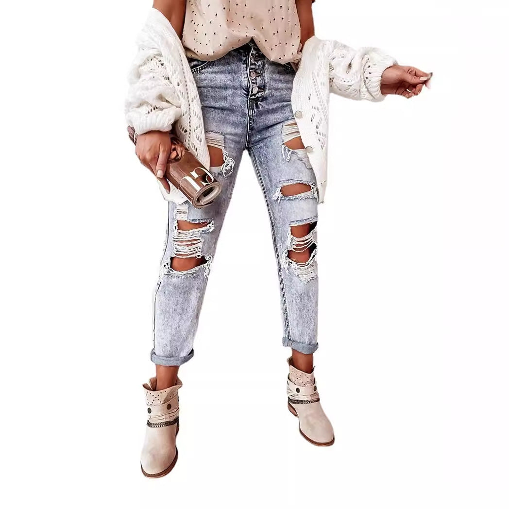 Dame Boyfriend-jeans med ødelagte detaljer og høj komfortlinning Stilla