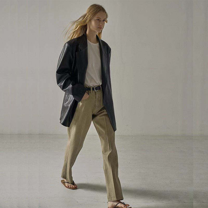 Dame Lækkert Oversized Blazer lavet af højkvalitets læderimitat med elegant snit Stilla