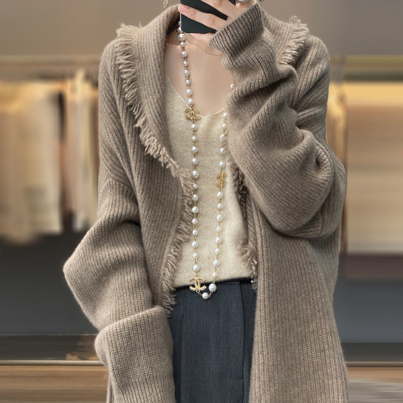 Dame elegant struktureret strik-cardigan med frynse-detalje Stilla