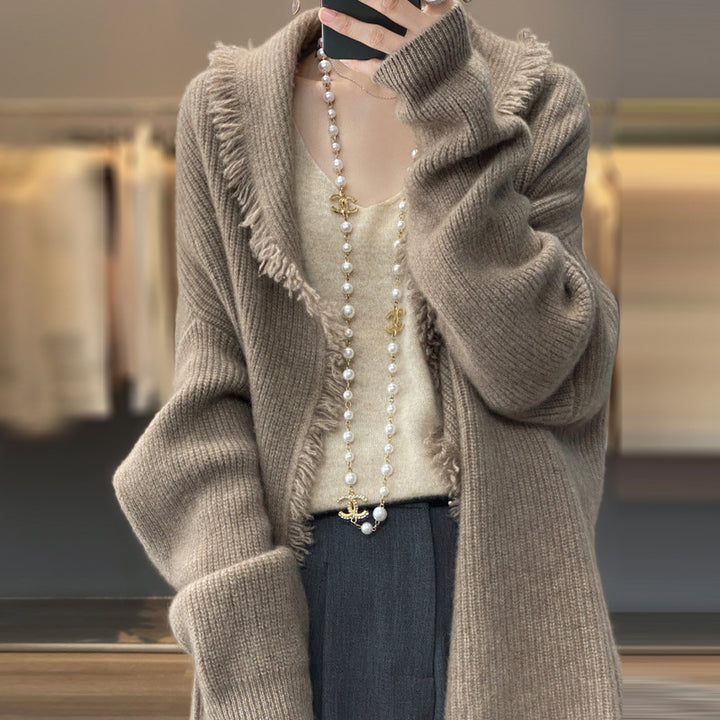 Dame elegant struktureret strik-cardigan med frynse-detalje Stilla