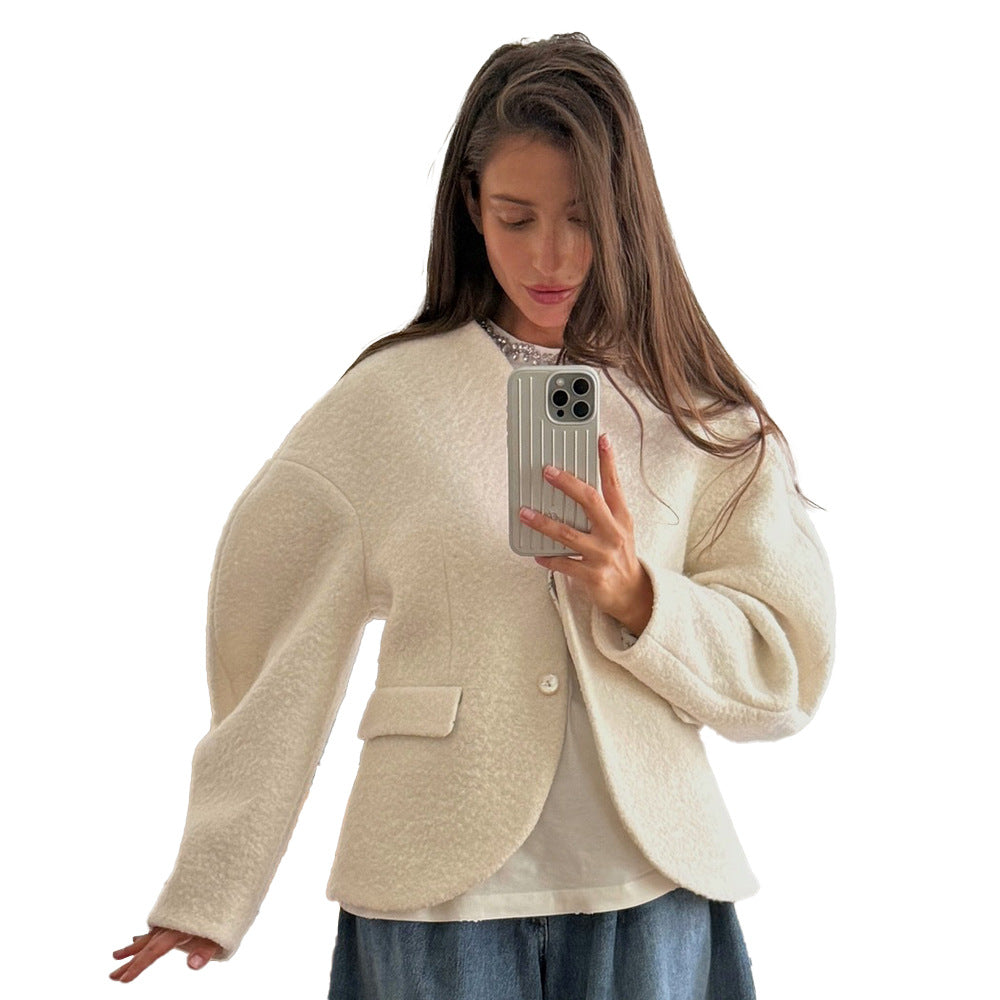 Dame Trendy Boucle Jakke med Droppede Skuldre og Knaplukning Stilla