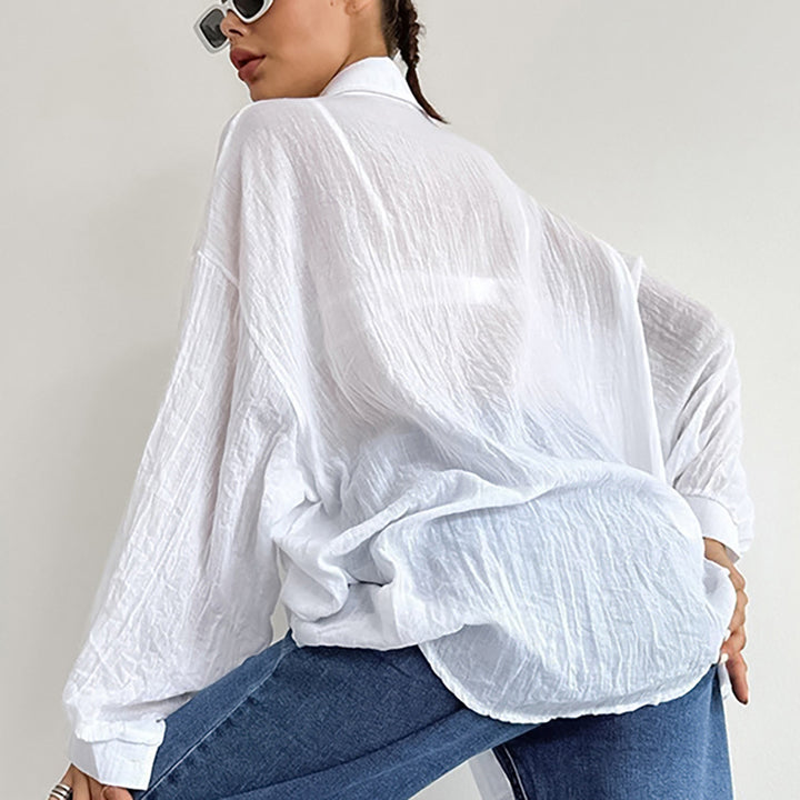 Dame Oversized Skjorte bluse i let linenmix med lange ærmer og moderne snit Stilla