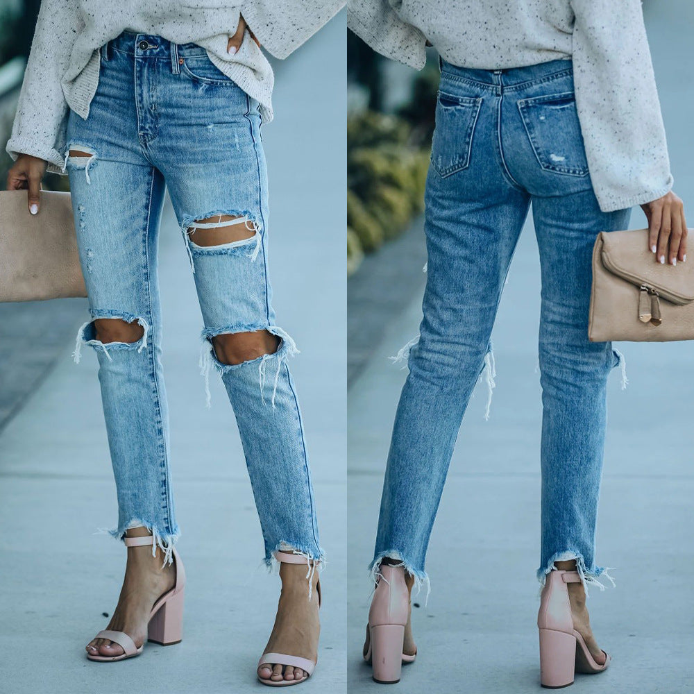 Dame Destroyed Jeans i moderne Slim-Fit med høj talje og frynset detaljer Stilla