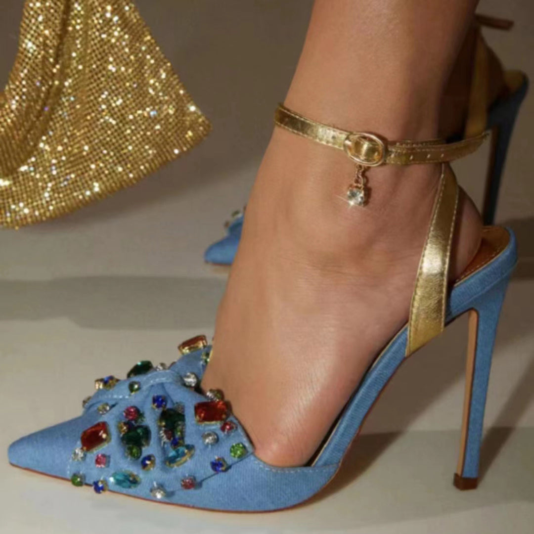 Dame Strass-dekorerede spidse Slingback-hæle Stilla