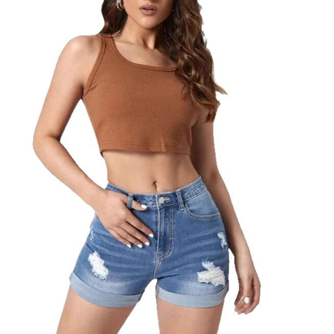 Dame High-Waist Jeans-Shorts med destroyed detaljer og fashionable sømme Stilla