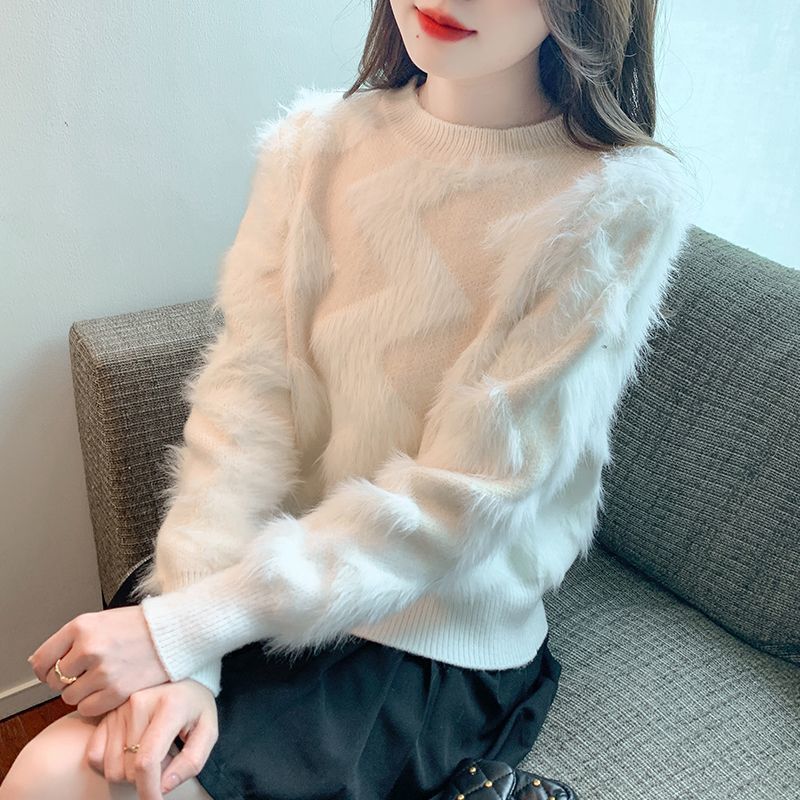 Kvinders fluffy sweater med geometrisk mønster og løst fit Stilla