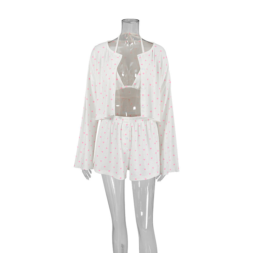 Dame Pyjama sæt med hjerteformet mønster og afslappet kimono overdel Stilla