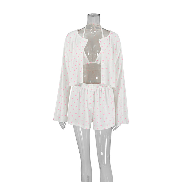 Dame Pyjama sæt med hjerteformet mønster og afslappet kimono overdel Stilla