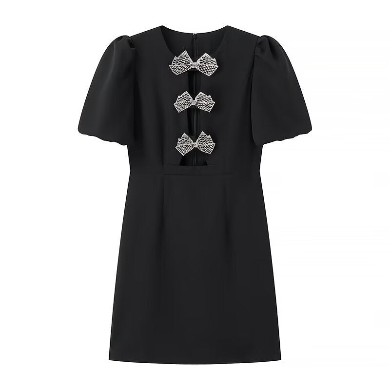 Women Elegant Evening Dress with Puff Sleeves and Decorative Bows Stilla