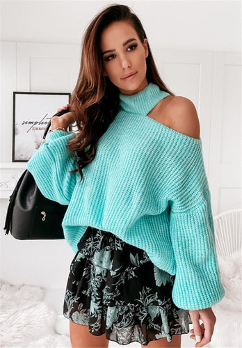 Stilla | Pullover Plus Size Fit Asymmetrisk Skulder Høj Krave Ribstrik