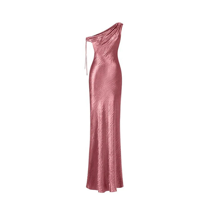 Dame elegant lang asymmetrisk kjole med raffineret flæsedetalje Skovae