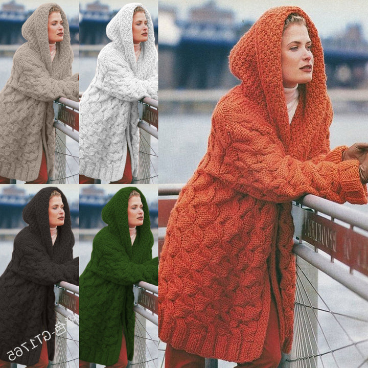 Kvindernes chunky strik cardigan med hætte og struktureret mønster Stilla