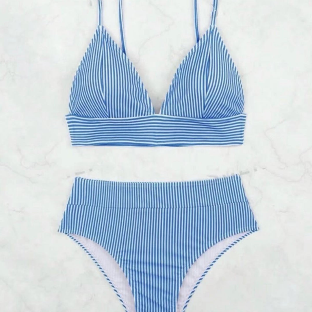 Dame Højskåret Bikini med elegant stribemønster Skovae