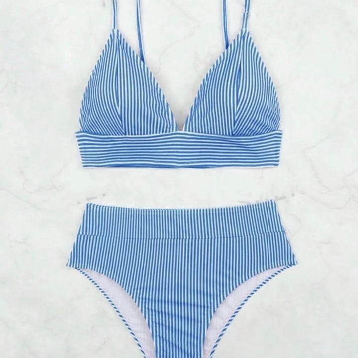 Dame Højskåret Bikini med elegant stribemønster Skovae