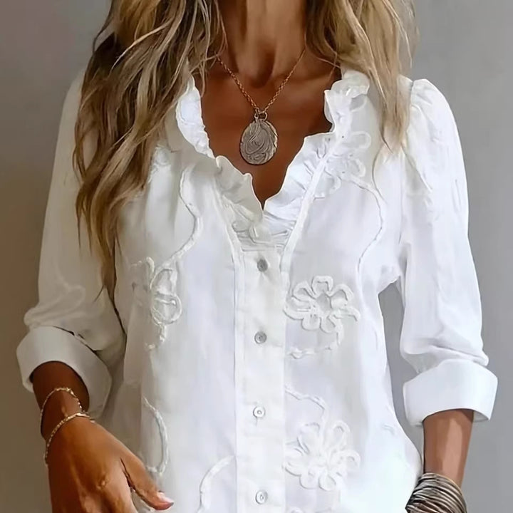 Dame elegant bluse med florale broderier og voluminøse ærmer Skovae