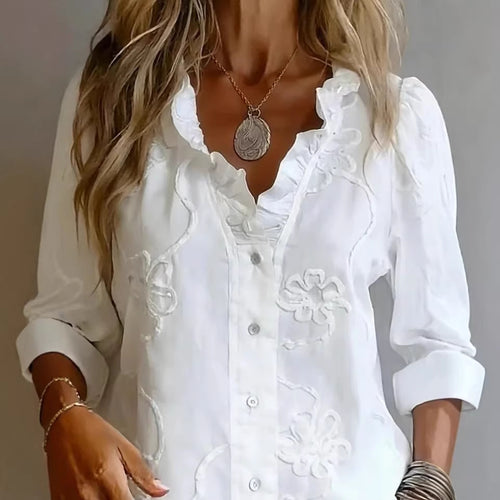 Dame elegant bluse med florale broderier og voluminøse ærmer Skovae