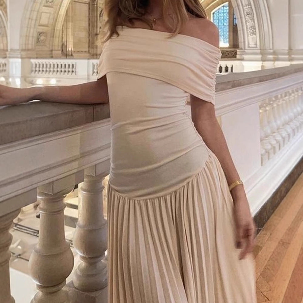 Dame Elegant Maxikjole med Off-Shoulder-Rynkning og plisseret Skørt Stilla