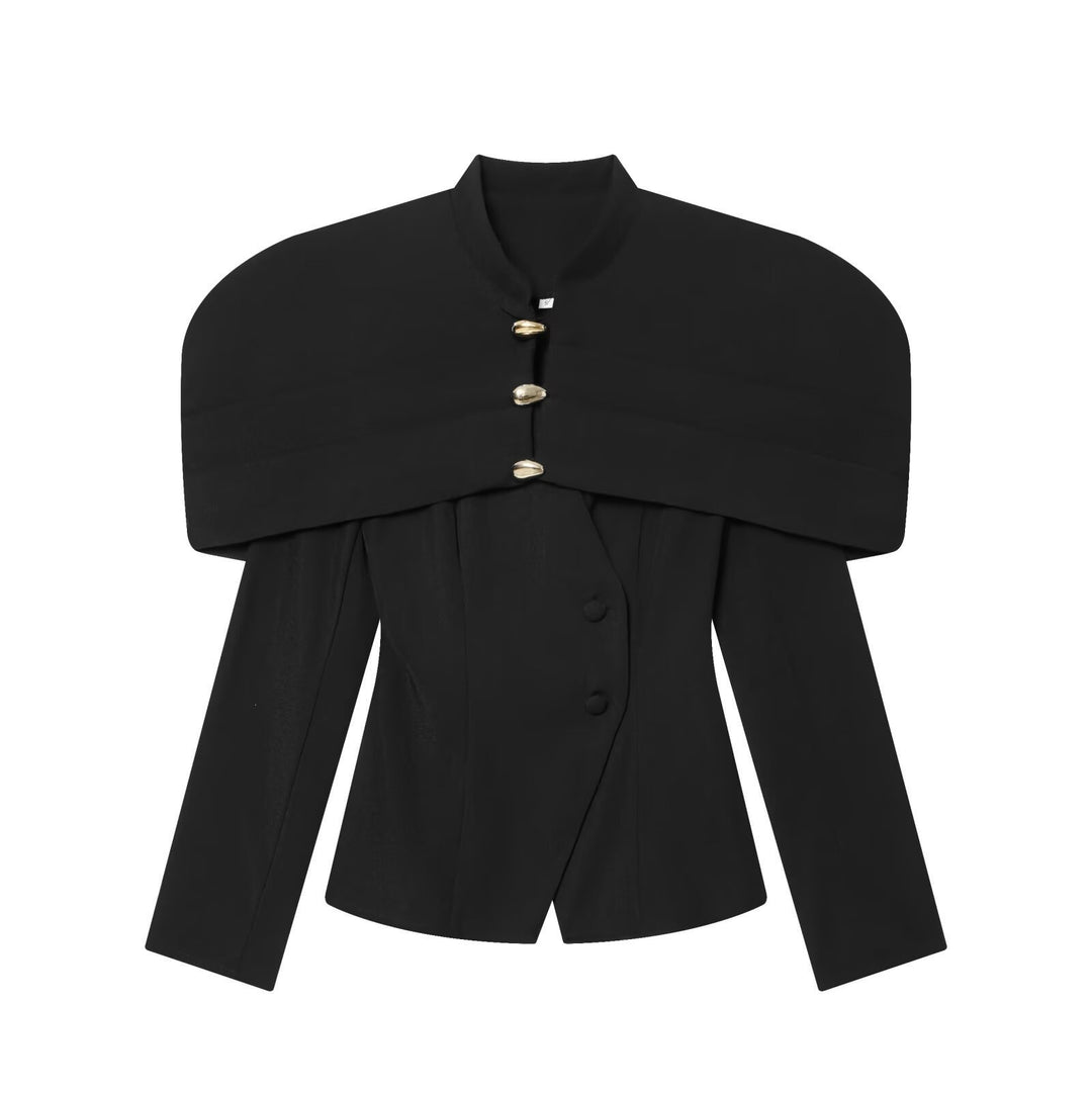 Dame elegant blazerjakke med oversized skulderklapper og gyldne knapdetaljer Skovae