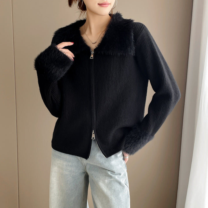 Kvinders cardigan med luksuriøs faux fur krave og ribbet tekstur Stilla